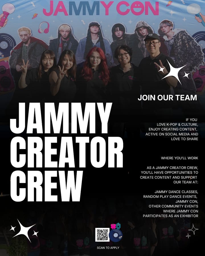 JAMMY Creator Crew recruitment poster with application QR code.